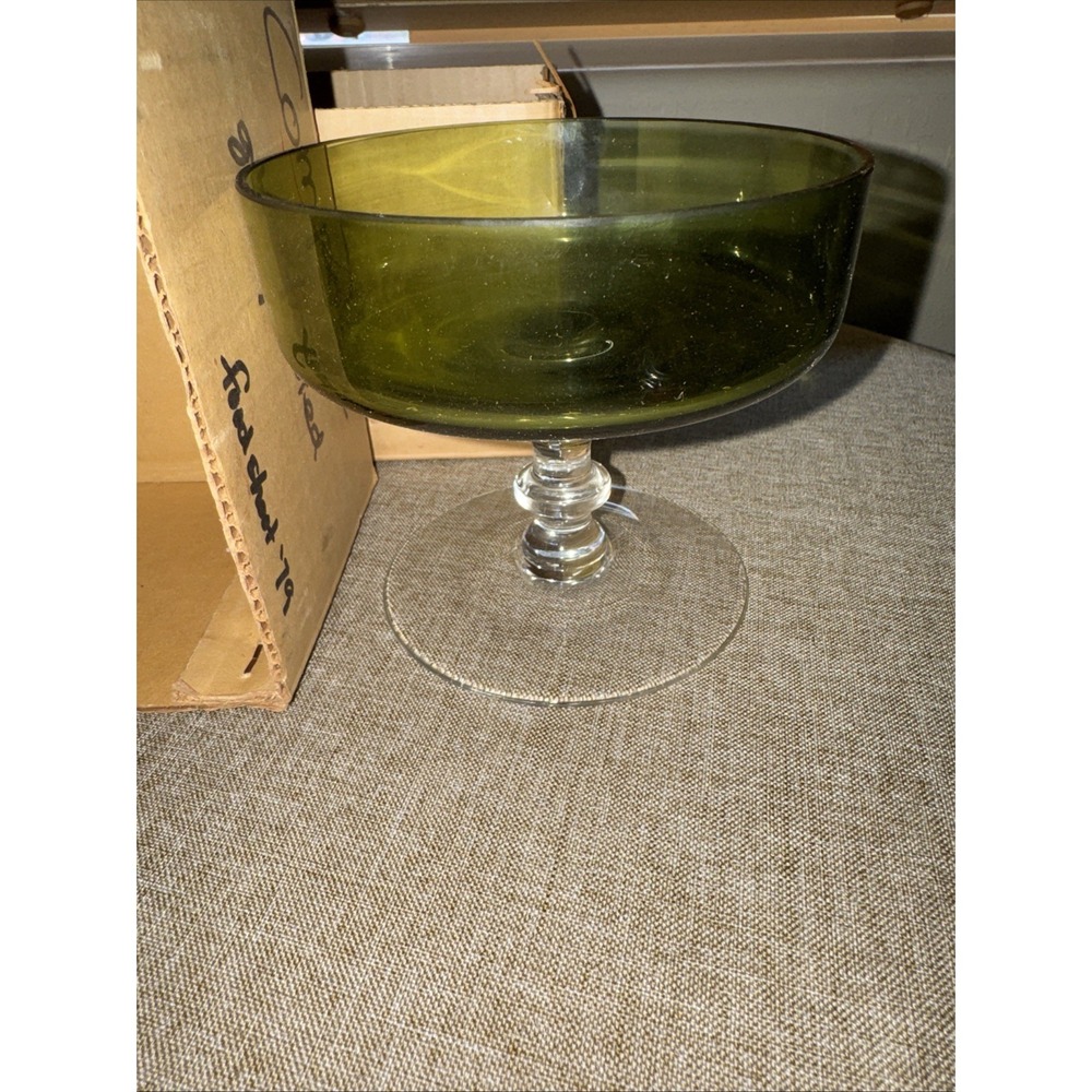 Vintage Sasaki Glass Smoke Green Footed‎ Compote Bowl Japan MCM w/ Original Box